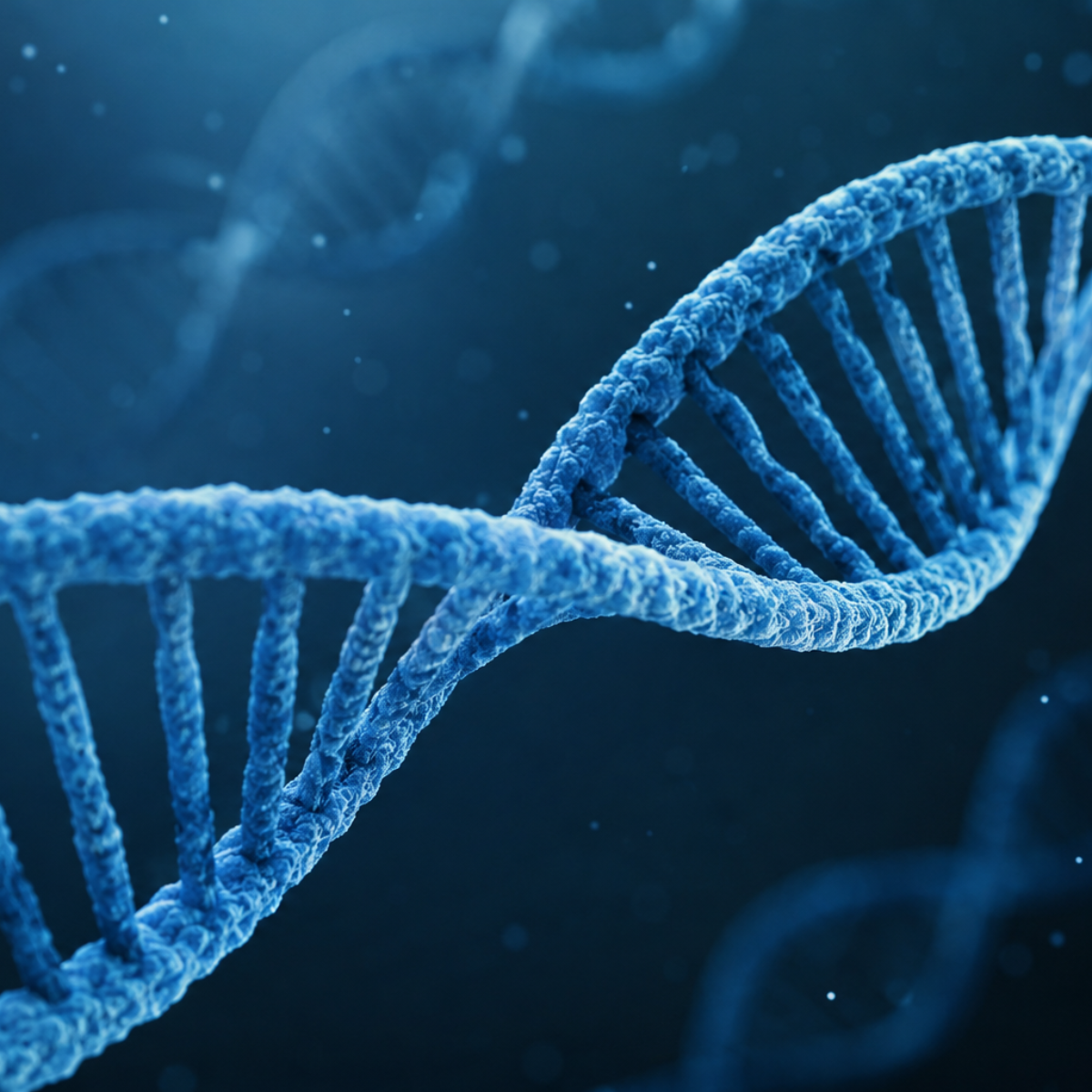 Cinematic biology artwork showing a glowing DNA double helix in sharp focus in the foreground, with multiple softer, blurred DNA strands in the background to represent genetic structure and replication in a layered scientific visualization.